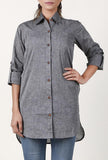 Slate Grey Textured Handloom Cotton Asymmetrical Shirt