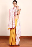 Mustard white ikat south cotton saree artisan everyday festive ethnic on a female model