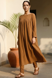 Khaki Cotton Slub Gathered Kurta