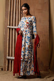 Set Of 3: Kalamkari Kurta And Palazzos With Red Crushed Dupatta