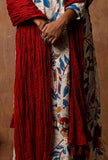Set Of 3: Kalamkari Kurta And Palazzos With Red Crushed Dupatta
