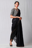 Set of 2: Black Plain Saree and Black Handblock Printed Blouse
