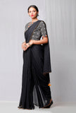 Set of 2: Black Plain Saree and Black Handblock Printed Blouse