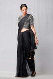 Set of 2: Black Plain Saree and Black Handblock Printed Blouse