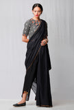 Set of 2: Black Plain Saree and Black Handblock Printed Blouse