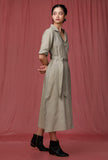 Moss Green Plain Linen Notched Linen Front Placket Dress