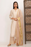 Cream Banarasi Chanderi kurta with beige foil printed palazzo and beige chiffon dupatta 3-piece pastel ethnic festive set