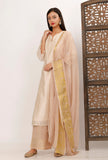 Set of 3: Cream Banarsi Chanderi Kurta With Beige Chiffon Dupatta and Beige Foil Printed Pallazo