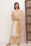 Set of 3: Cream Banarsi Chanderi Kurta With Beige Chiffon Dupatta and Beige Foil Printed Pallazo