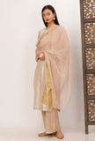 Set of 3: Cream Banarsi Chanderi Kurta With Beige Chiffon Dupatta and Beige Foil Printed Pallazo