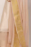 Set of 3: Cream Banarsi Chanderi Kurta With Beige Chiffon Dupatta and Beige Foil Printed Pallazo