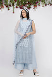 Set of 3: Blue Kota Hand-Block Printed kurta , Blue Cotton Pallazo Paired with Embroidered Net Dupatta