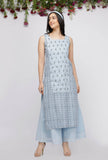 Set of 3: Blue Kota Hand-Block Printed kurta , Blue Cotton Pallazo Paired with Embroidered Net Dupatta