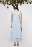 Set of 3: Blue Kota Hand-Block Printed kurta , Blue Cotton Pallazo Paired with Embroidered Net Dupatta