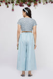 Set of 2 : Blue  Hand-Block Printed Cotton Blouse Paired with plain Cotton Culottes