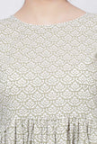Sage Green Floral Hand-Block Printed Cotton Gathered Kurta