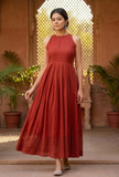 Gerua Plain Maroon Cotton Halter Neck Flared Dress with Kota Border