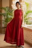 Gerua Plain Maroon Cotton Halter Neck Flared Dress with Kota Border