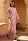 Peach Red and White Stripes Pure Woven Cotton Kurta