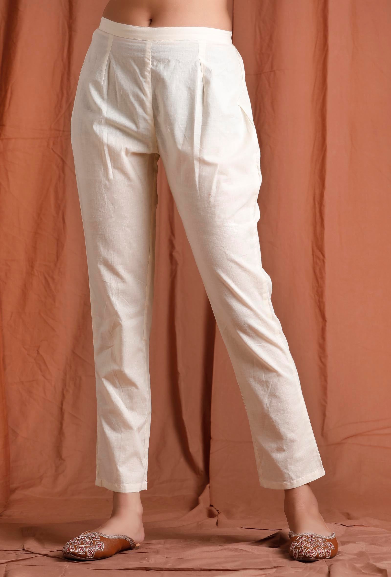 Off-white cotton pants for women, casual everyday ethnic bottoms by Tjori