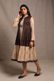 Set of 2: Black Ecru Contrast Hand Block Printed Front Open Tier Dress with Ecru Slip