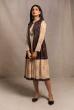 Set of 2: Black Ecru Contrast Hand Block Printed Front Open Tier Dress with Ecru Slip