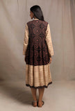 Set of 2: Black Ecru Contrast Hand Block Printed Front Open Tier Dress with Ecru Slip
