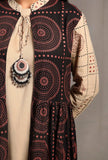 Set of 2: Black Ecru Contrast Hand Block Printed Front Open Tier Dress with Ecru Slip