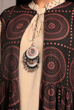 Set of 2: Black Ecru Contrast Hand Block Printed Front Open Tier Dress with Ecru Slip