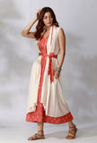 Off White Sleeveless Shrug With Orange Ikkat Detailing And Orange Ikkat Belt