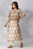 Set Of 2- Beige Kaftan Ikkat Kurta with Off White Dhoti Pants