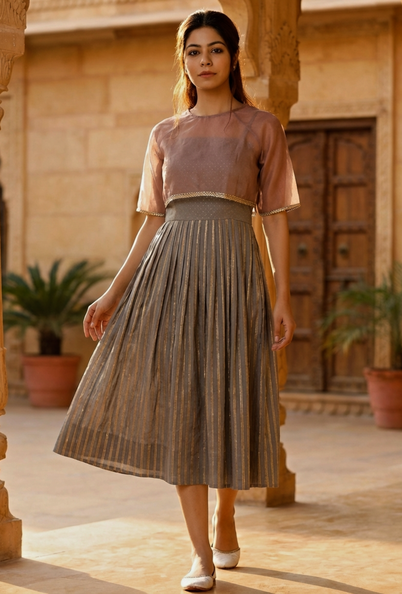 pleated dresses and embroidery Buy Set Of 2: Plum Organza Embroidered Blouse With Strappy Grey Block Printed Pleated Dress Online @ Tjori.Com. Fast Delivery – TJORI