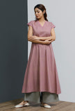 Set of 2: Onion Pink Hand-Block Printed A-line Long Kurta With Grey Hand-Block Palazzo
