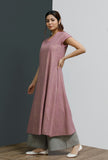 Set of 2: Onion Pink Hand-Block Printed A-line Long Kurta With Grey Hand-Block Palazzo