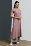Set of 2: Onion Pink Hand-Block Printed A-line Long Kurta With Grey Hand-Block Palazzo