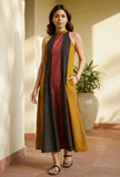 Olive Khadi Cotton Flared Halter Neck Sleeveless Dress