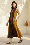 Olive Khadi Cotton Flared Halter Neck Sleeveless Dress
