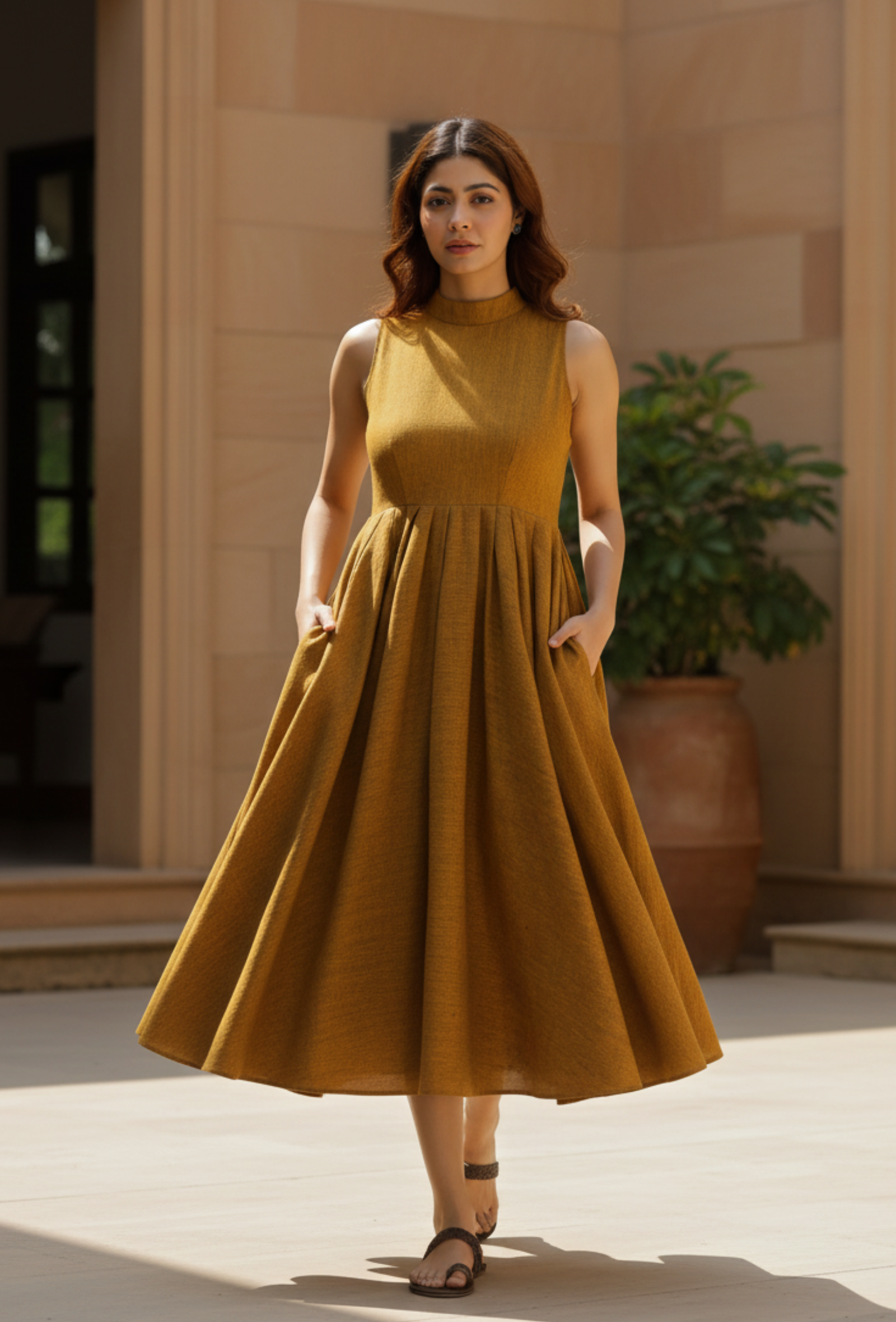 Mustard Yellow Khadi Cotton Halter Neck Dress for Women XXXL Mustard Yellow Khadi Cotton Halter Neck Dress for Women XXXL