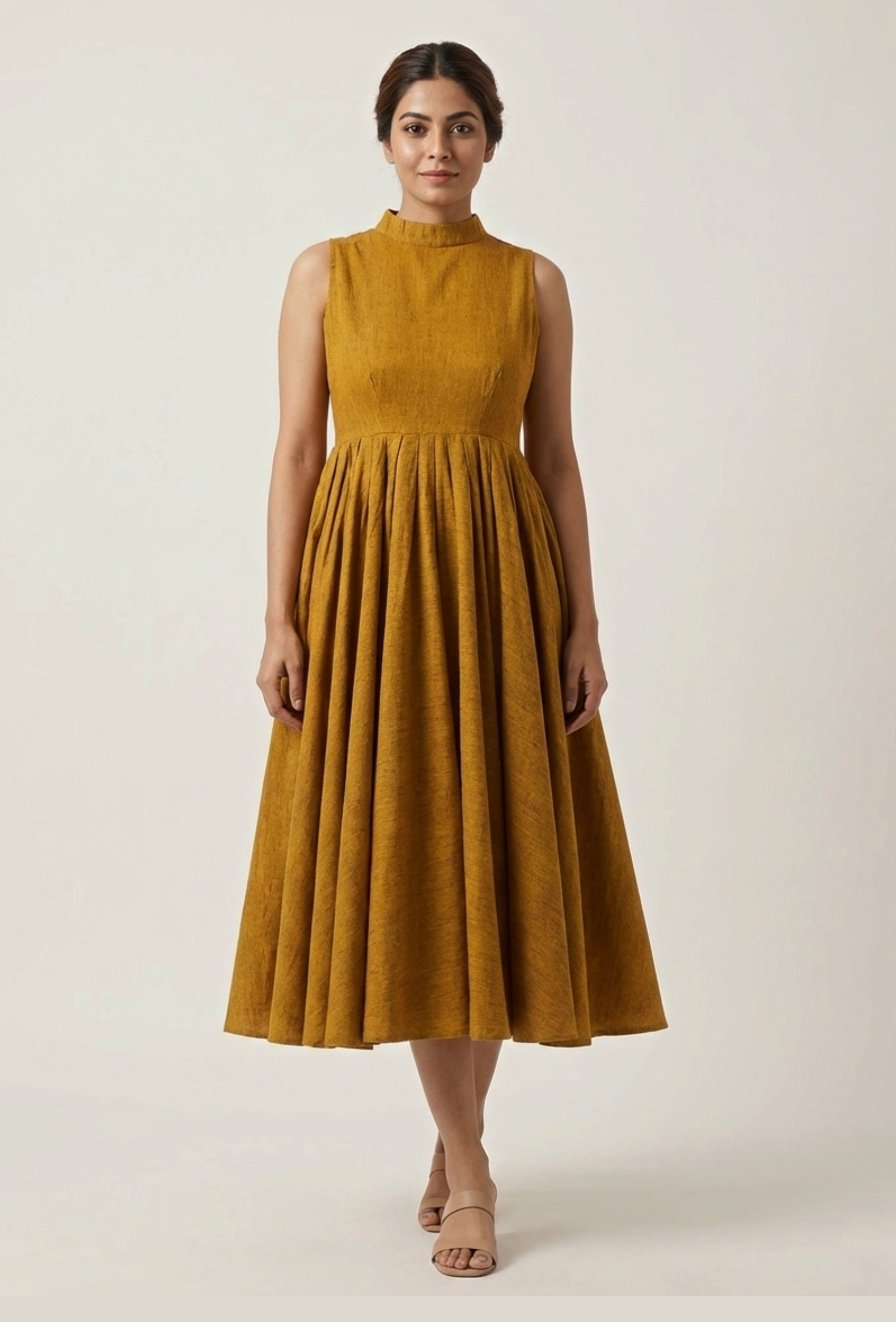Mustard Yellow Khadi Cotton Halter Neck Dress for Women TJORI Mustard Yellow Khadi Cotton Halter Neck Dress for Women TJORI