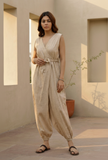 Beige Khadi Cotton Wrap Around Jumpsuit with Belt