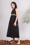 Black Halter Midi Dress with Kantha Embroidery