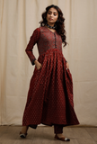 Set of 2: Red Ajrakh Print Flaredand Gathered Kurta with Pockets and red Ajrakh Print Straight Pants