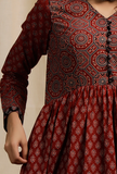 Set of 2: Red Ajrakh Print Flaredand Gathered Kurta with Pockets and red Ajrakh Print Straight Pants