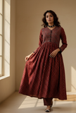 Red Ajrakh Print Flared and Gathered Kurta with Pockets
