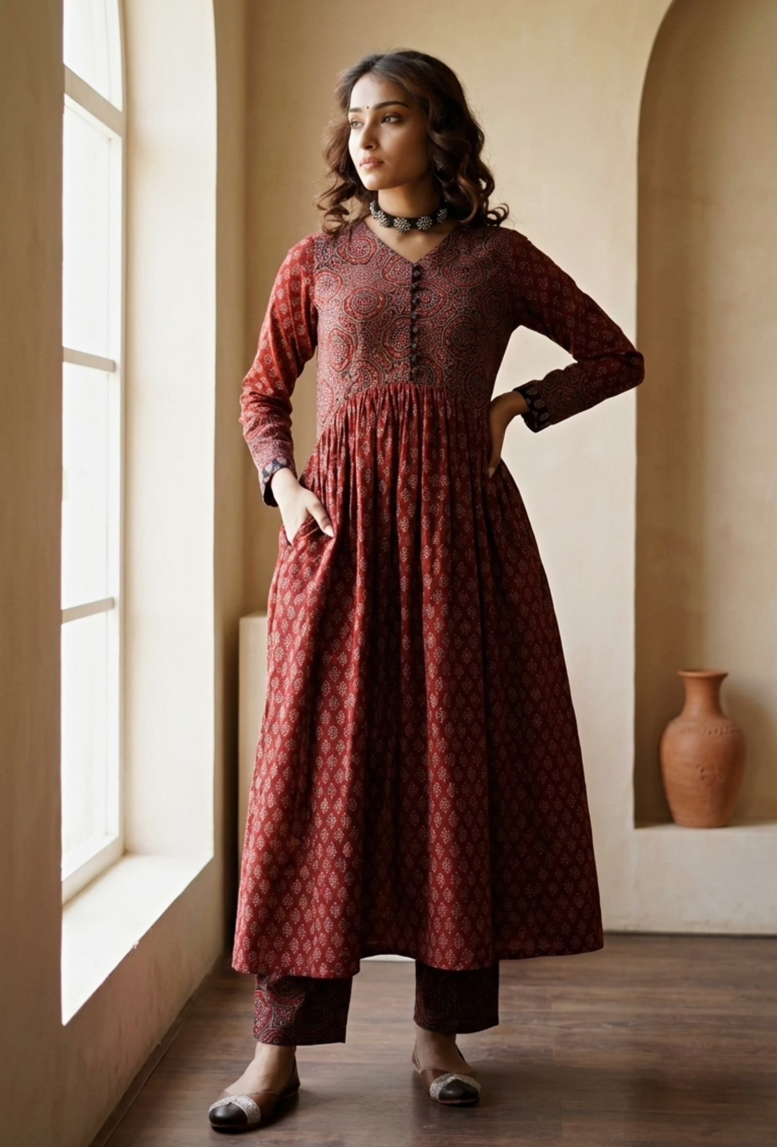 Red Ajrakh Print Flared and Gathered Kurta with Pockets TJORI Red Ajrakh Print Flared and Gathered Kurta with Pockets TJORI