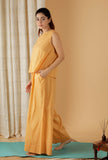 Set Of 2: Mulmul Cotton Solid Mustard Top And Wide Leg Pants