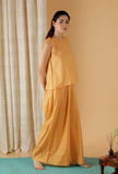 Set Of 2: Mulmul Cotton Solid Mustard Top And Wide Leg Pants