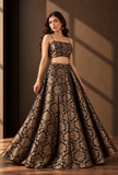 Set of 2 Black & Antique Gold Brocade Lehenga Choli Set