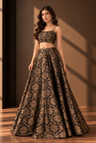 Black & Antique Gold Floral Brocade Flared Lehenga Skirt