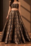 Black & Antique Gold Floral Brocade Flared Lehenga Skirt – view 3